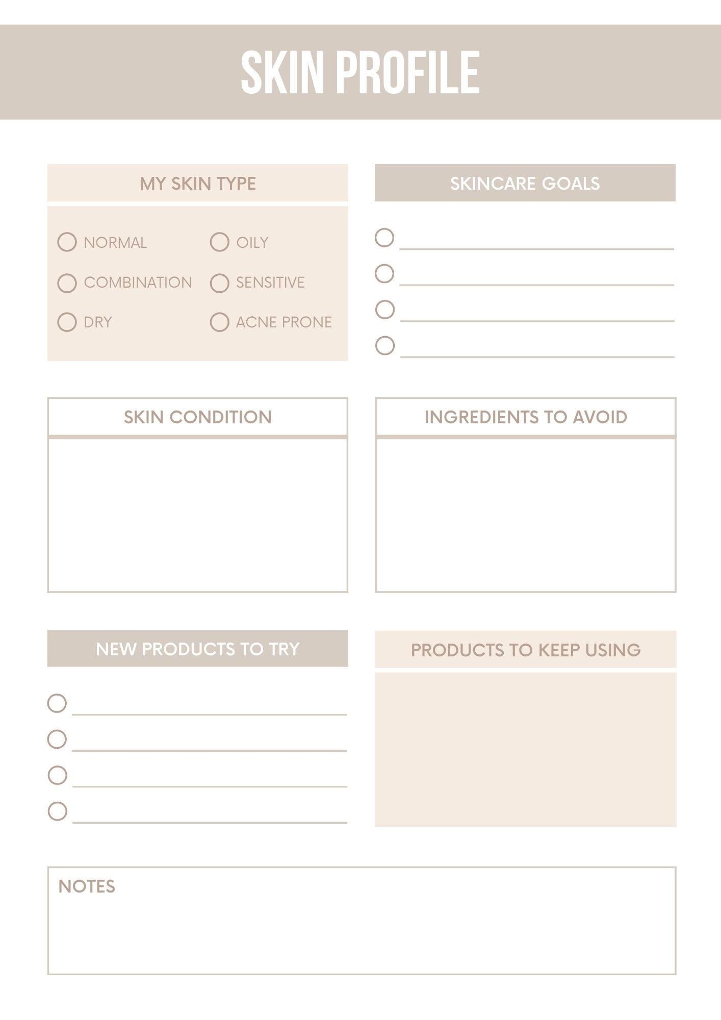 Skincare Routine Organizer | My Skin Profile and Care Planner | Beauty Journal | Personalized Skincare Tracker | Beauty Regimen Tool |