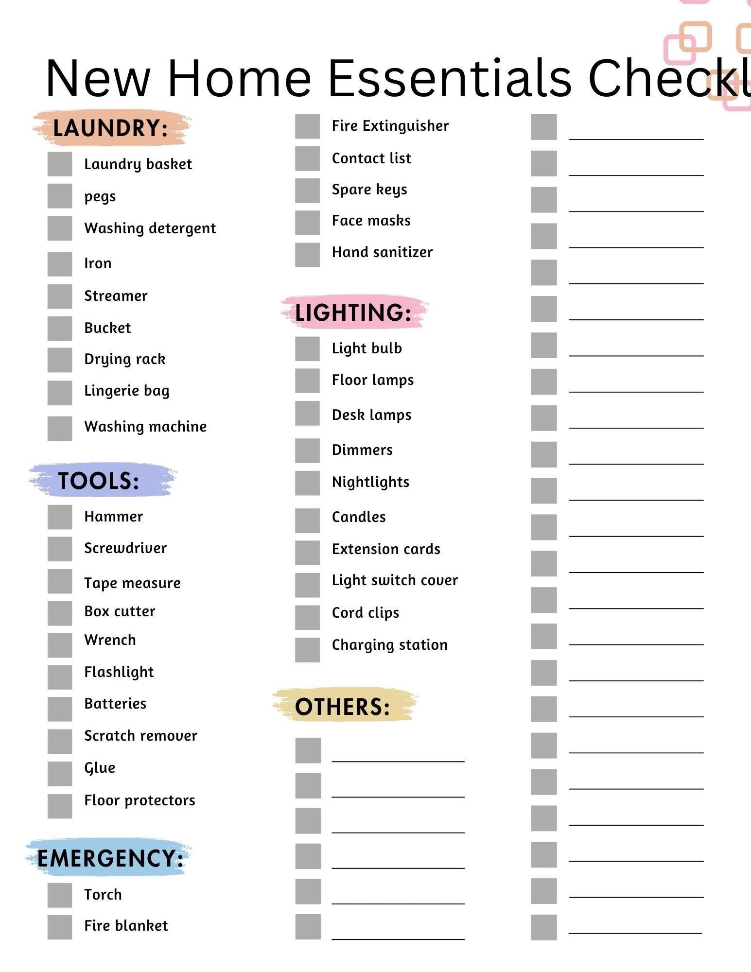 New Home Essentials Checklist Printable | Complete Moving In Guide for First-Time Homeowners