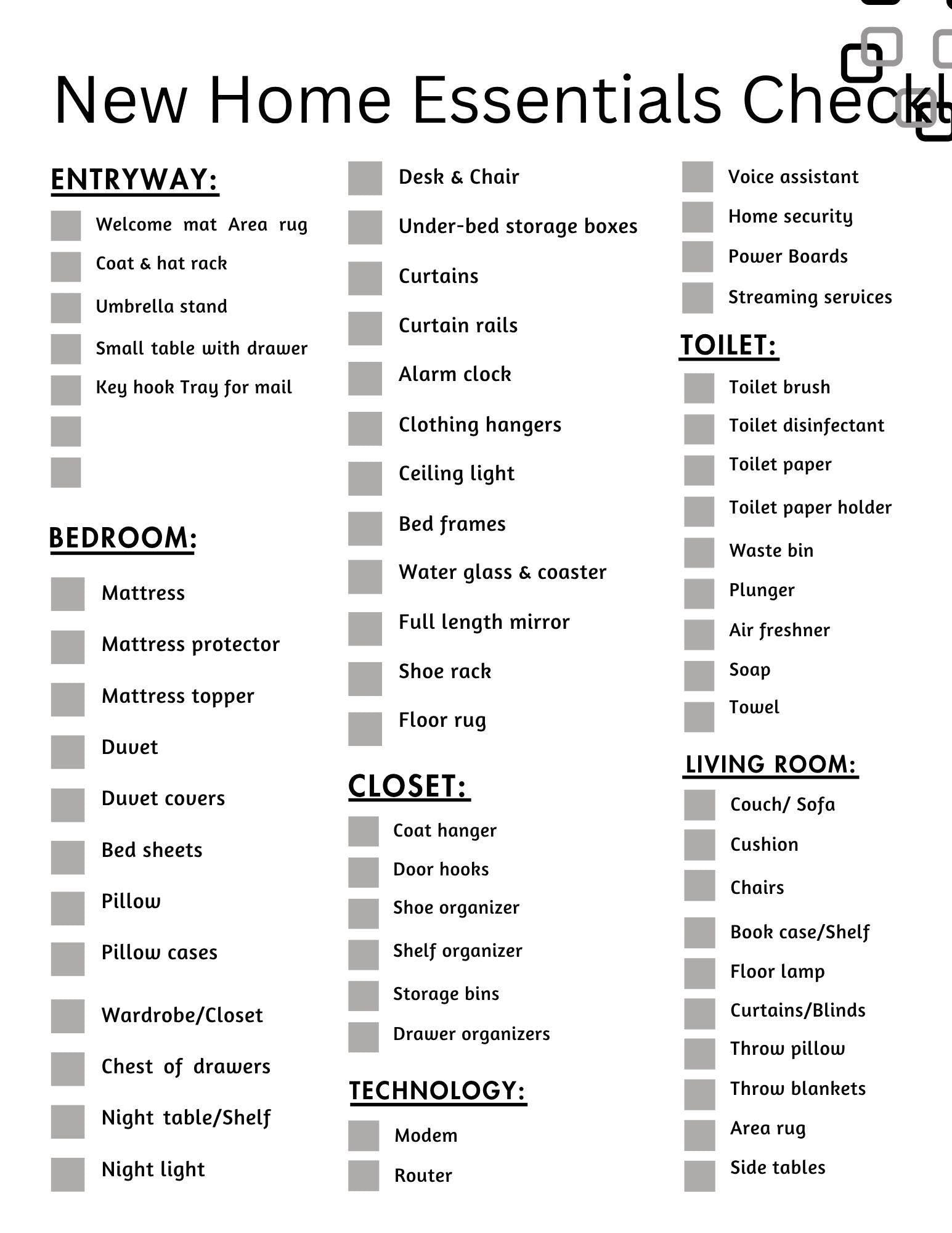 New Home Essentials Checklist Printable | Complete Moving In Guide for First-Time Homeowners