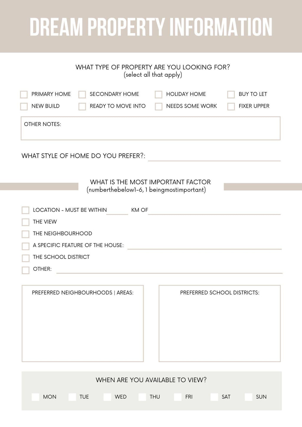Home Buyer Details Template | Streamline Your Property Search | Printable Guide for Dream Home Preferences