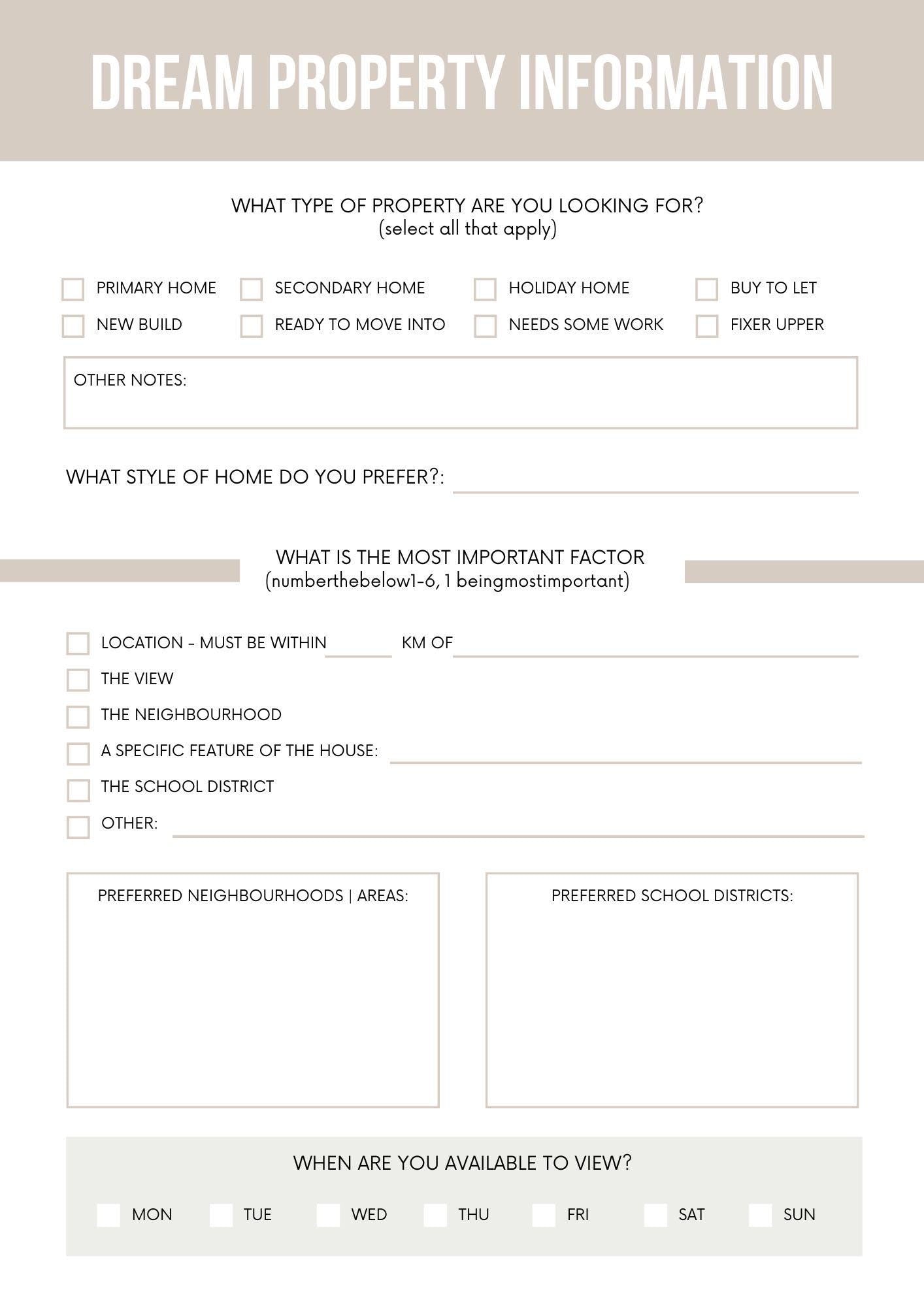 Home Buyer Details Template | Streamline Your Property Search | Printable Guide for Dream Home Preferences