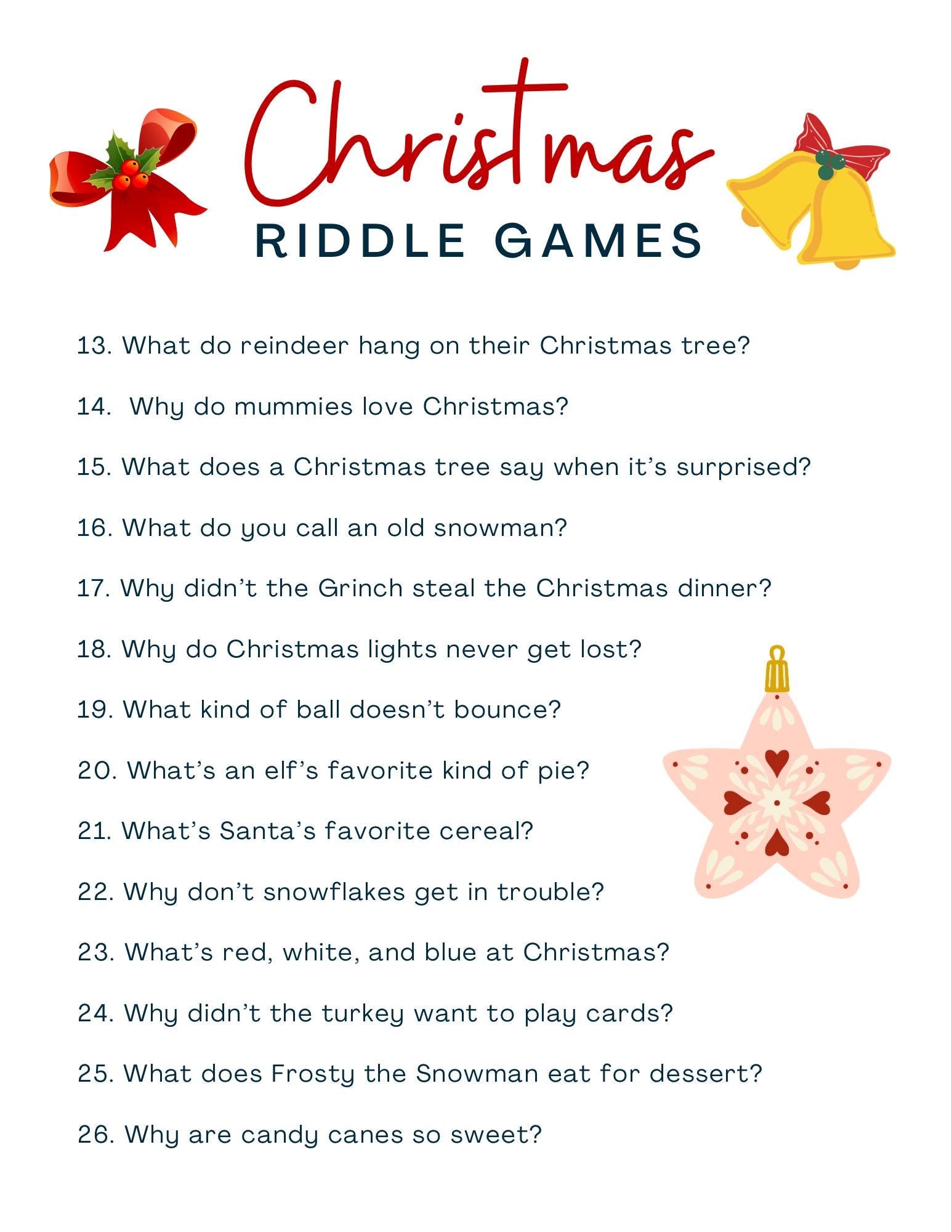 Festive Christmas Riddles Activity for Kids - Brainy Fun PDF for Holiday Parties and Family Time - Ages 5 and Up - Instant Download