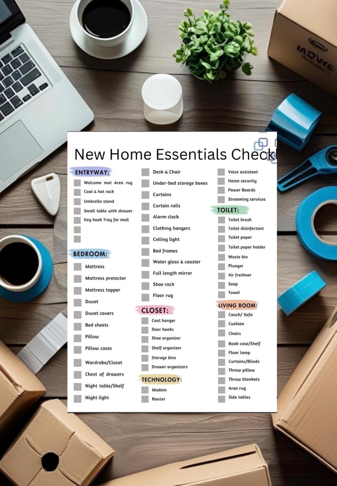 New Home Essentials Checklist Printable | Complete Moving In Guide for First-Time Homeowners