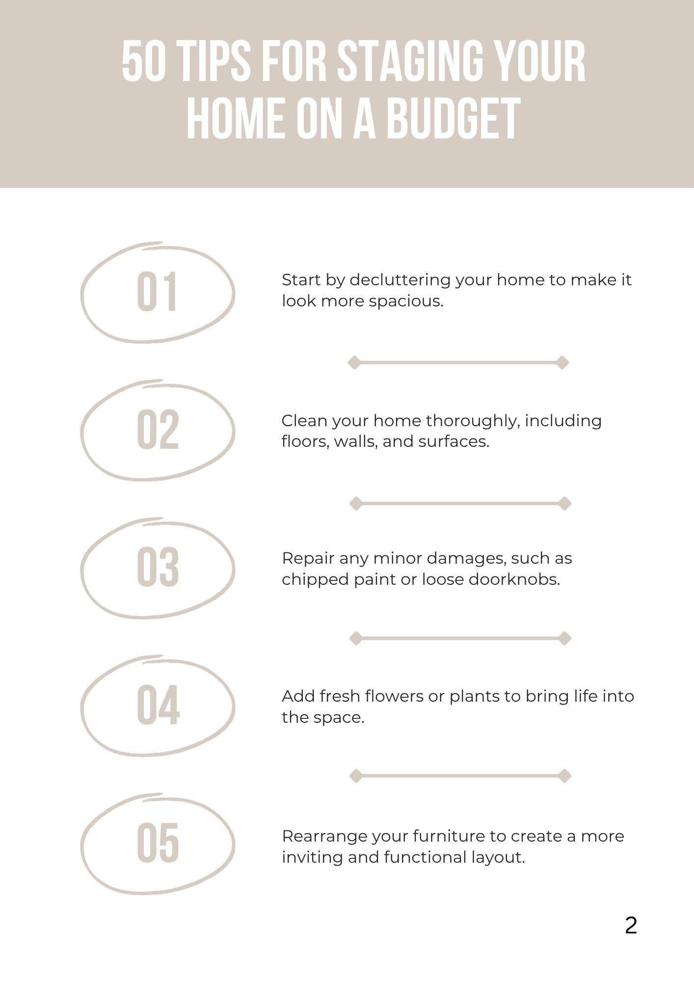 Home Staging Guide: 50 Budget-Friendly Tips for Selling Faster | Printable PDF for DIY Home Sellers | Declutter, Clean, & Decorate on a
