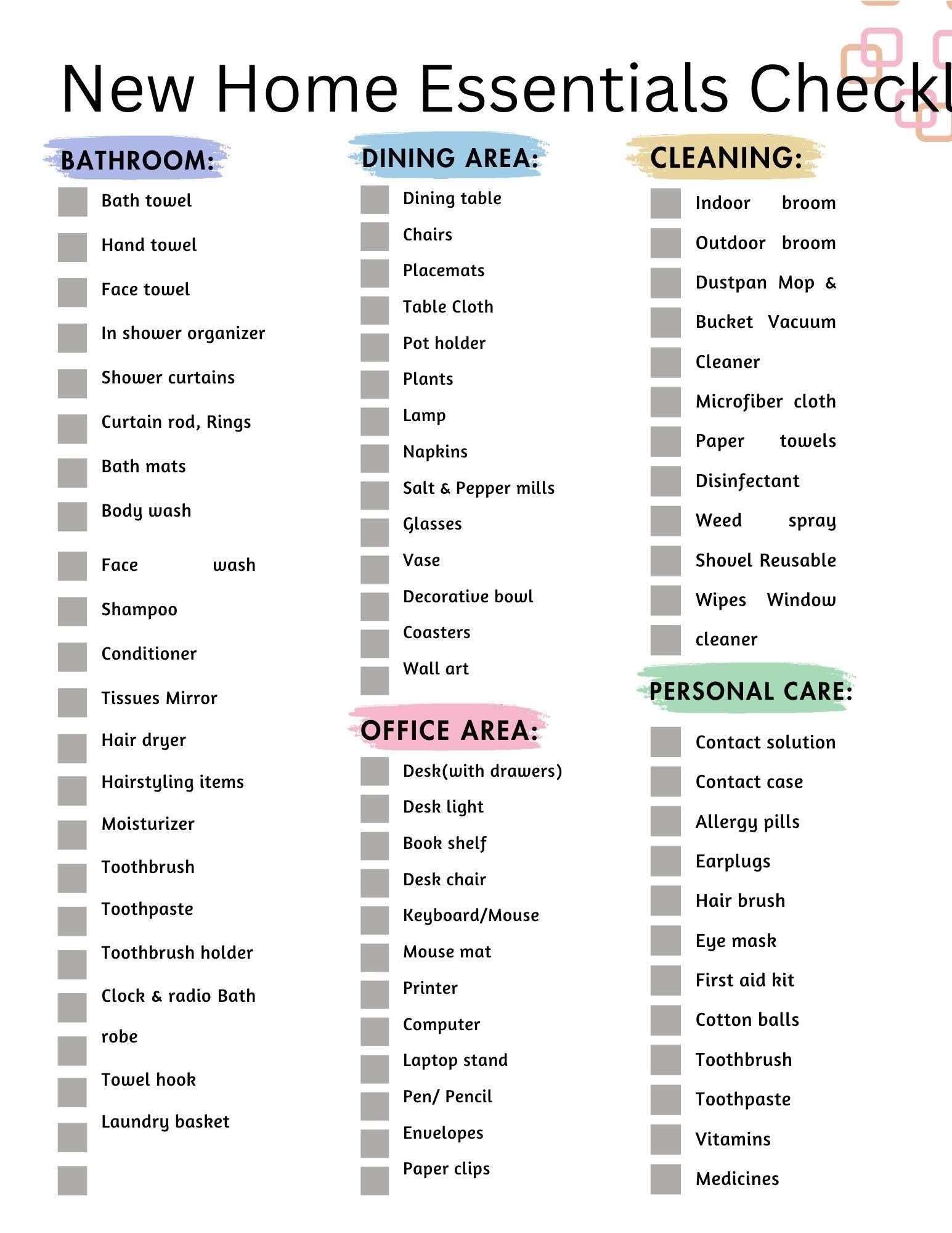 New Home Essentials Checklist Printable | Complete Moving In Guide for First-Time Homeowners