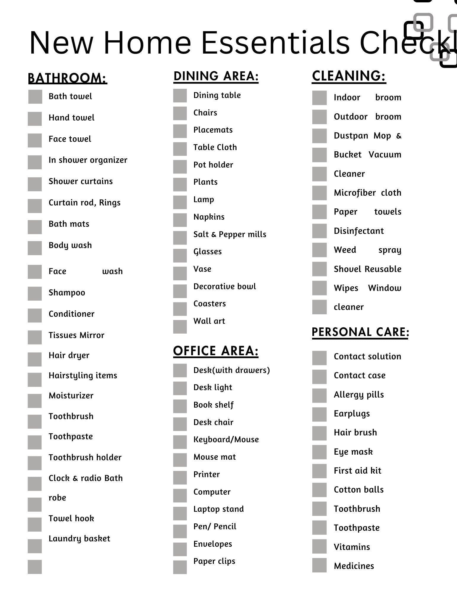 New Home Essentials Checklist Printable | Complete Moving In Guide for First-Time Homeowners